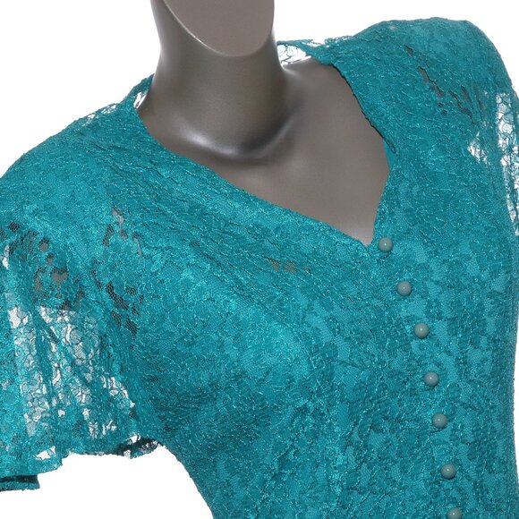 Lace DRESS & BOLERO 2 Pc. Set Vittoria Virini Teal Aqua Green Floral Vtg 80s-90s - Picture 4 of 9